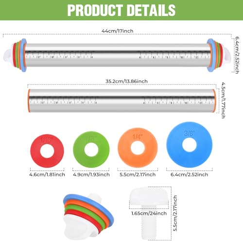 AOAONIU 17-Inch Adjustable Stainless Steel Rolling Pin with Thickness Rings
