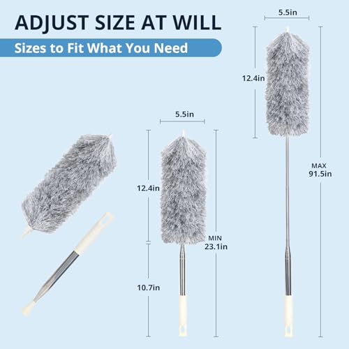 Gray Feather Duster with Extension Pole & Flexible Head for Cleaning