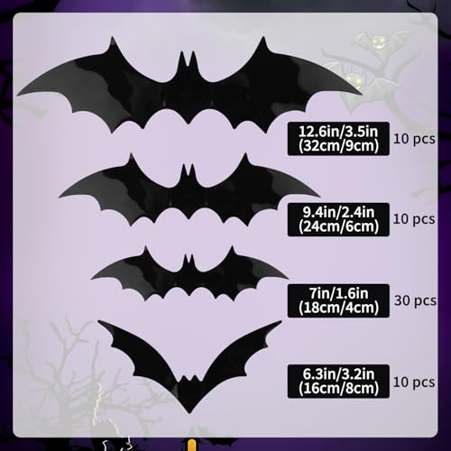 60PCS 3D Halloween Bats Decorations - Reusable PVC Wall Stickers