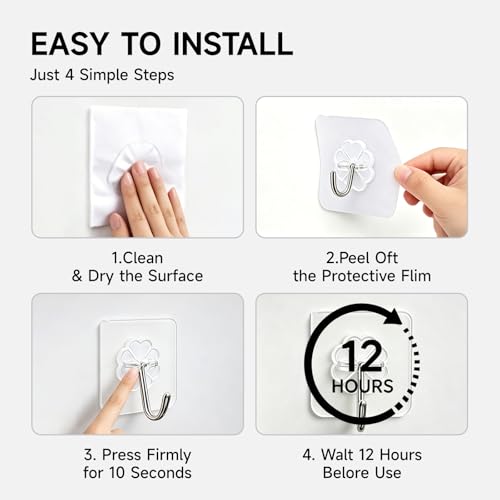 KISENG 16 Pack Crystal Clear Adhesive Hooks, Heavy Duty 22lb Wall Hangers
