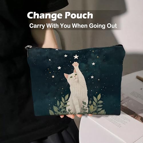 Starry Night Cat Makeup Bag Whimsical Linen Cosmetic Pouch