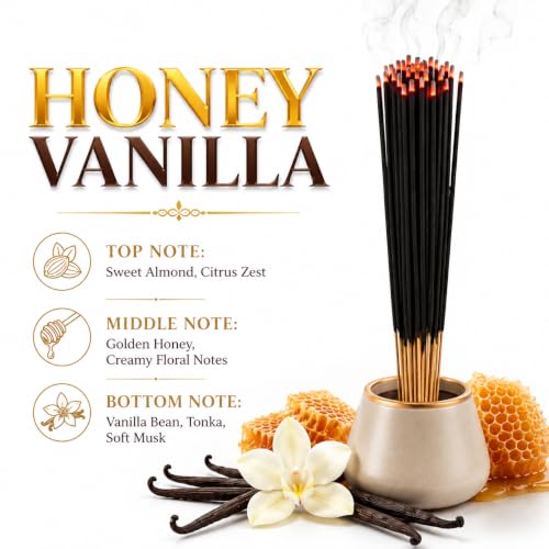 Honey Vanilla Incense Sticks - 11" Long, 85-100 Sticks, Clean Burning