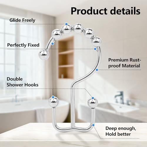 Resze 12PCS Metal Double Shower Curtain Hooks - Rust-Resistant & Smooth Glide