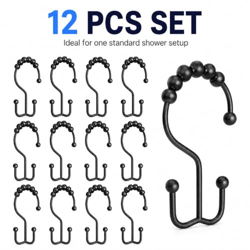 Black Beaded Shower Curtain Hooks - Set of 12 Decorative Rings