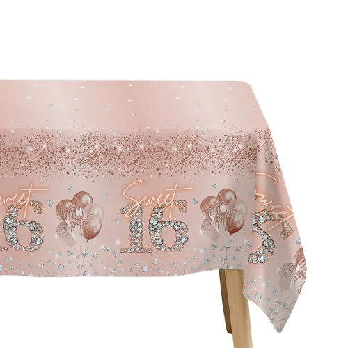 Rose Gold Sweet 16 Party Tablecloths - 3 Pack, 86 x 55 in