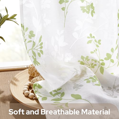 HOMEIDEAS Green Leaf Kitchen Curtains 30x24 Inch Semi Sheer 2 Panels