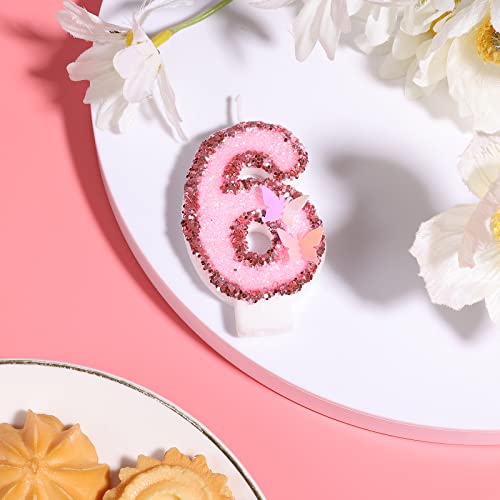 Pink Glitter Number 6 Birthday Candle with Butterfly and Sequins Cake Topper