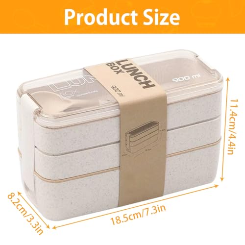 Beige 3-Layer Portable Bento Box 900ML Wheat Straw Food Storage Container