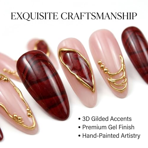 Burgundy Marble & Nude Pink Press On Nails - 3D Gilded Gel Almond False Nails XS