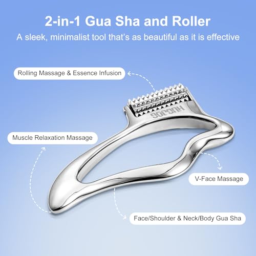 HUGJOG Metal Face and Body Massage Roller with Gua Sha Edge for Tension Relief