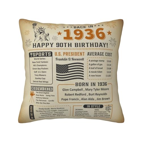90th Birthday Gift Pillow Cover, 18"x18" Vintage 1936 Keepsake Cushion Case