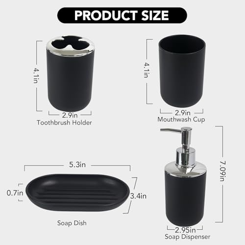 TOJKYBLYU Black 4-Piece Matte Bathroom Accessories Set - Soap Dispenser Toothbrush Holder Rinse Cup Soap Dish for Home Decor