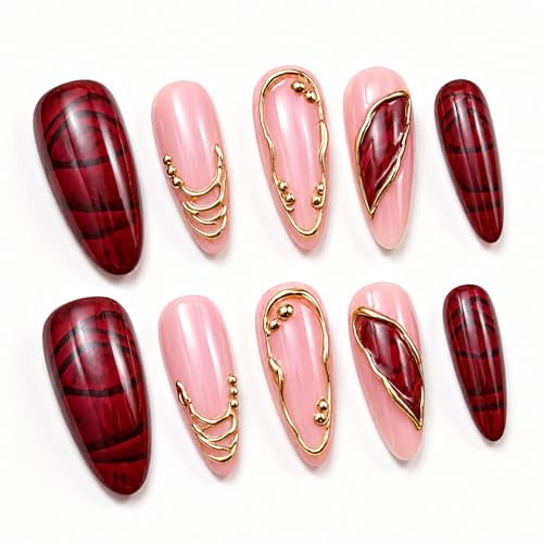 Burgundy Marble & Nude Pink Press On Nails - 3D Gilded Gel Almond False Nails XS