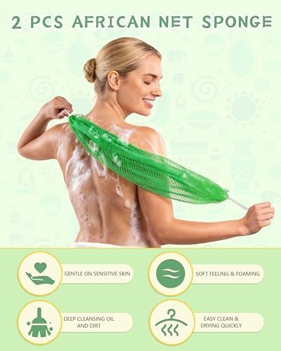 African Net Sponge 2 Pack, Exfoliating Bath Scrubber & Long Back Washer