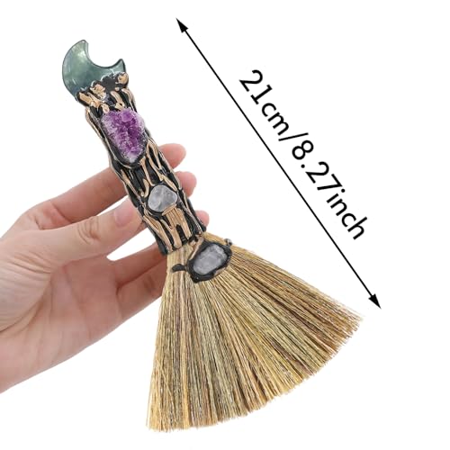 RENEMEGO Witchcraft Fluorite Crystal Broom - Wiccan Decor & Altar Supply