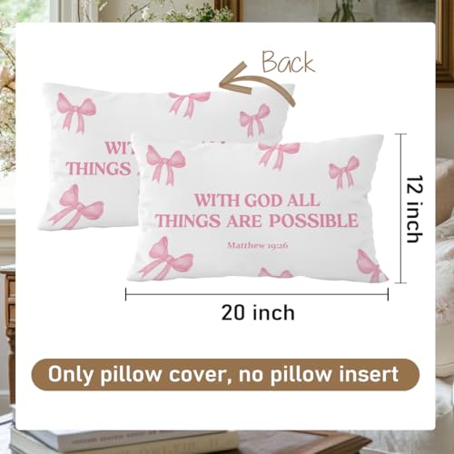 Pink 12x20 Flannelette Throw Pillow Cover - Matthew 19:26 Bow Design