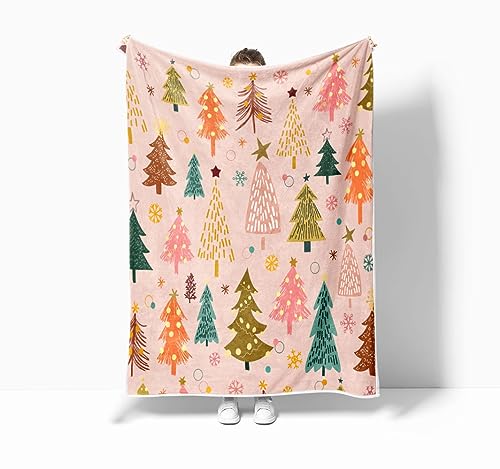 Kids Christmas Fleece Throw Blanket - Pink Cartoon Tree Holiday 50x60in - Multi3