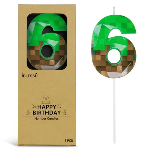 Pixel Number 6 Birthday Candle, Green Miner Theme Cake Topper (2.68 Inch)