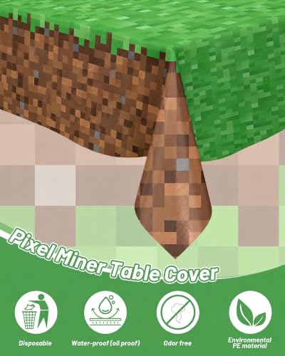 Calmi Green Pixel Miner Tablecloth - 54.1" x 108" Waterproof Gamer Party Cover