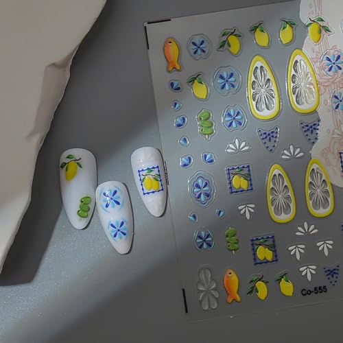 5D Embossed Summer Fruit Nail Stickers Self-Adhesive Lemon Tropical Decals