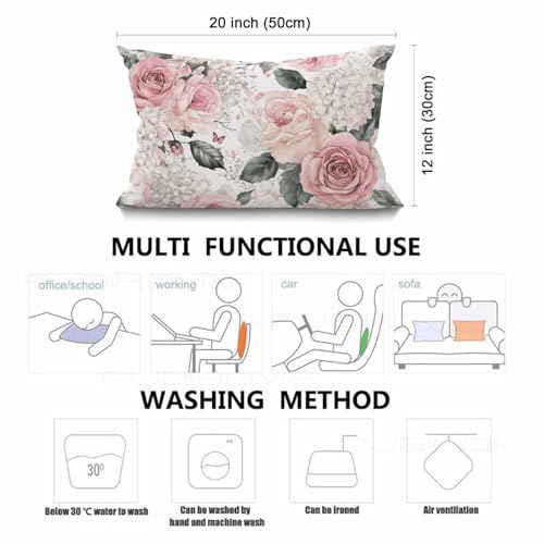 Smooffly Pink Floral Throw Pillow Cover, 12x20" Cotton Linen