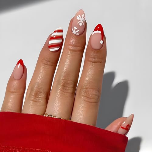 Christmas Press on Nails Almond Medium False Nails French Tip Holiday Art