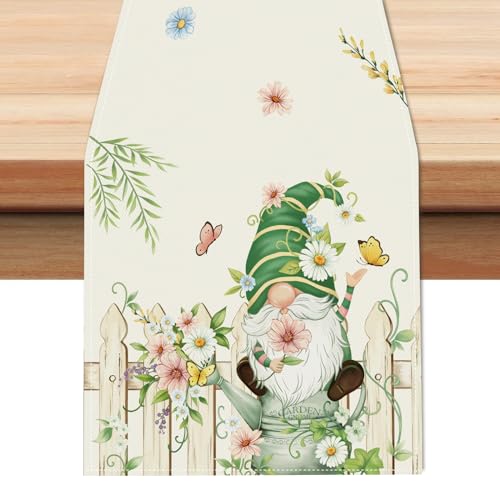 Spring Gnome Table Runner 13x72 Inch - Floral Kitchen Decor