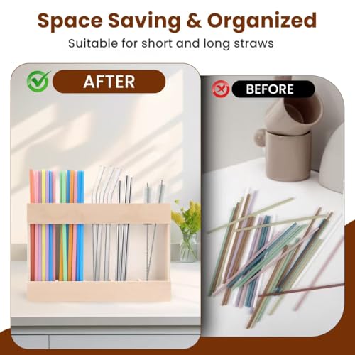 Wooden Straw Dispenser Organizer - Space-Saving Kitchen Holder with Adhesive Mount