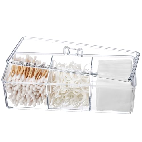 Sohalejr Acrylic Lid Qtip Holder with 3 Compartments - Transparent Bathroom Organizer