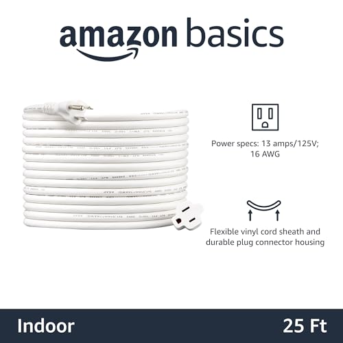 Amazon Basics 25 Ft Extension Cord - 13 Amps, Indoor Use, White