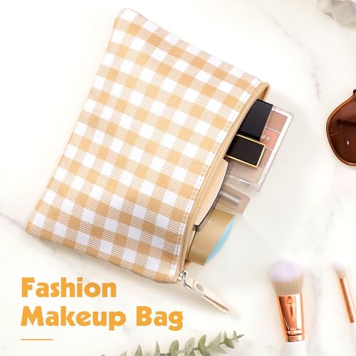 2 Pack Gingham Makeup Bags Small Zipper Cosmetic Pouches Green Brown
