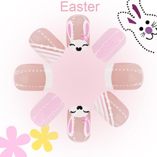 Easter Press on Nails Short Square White French Tip Fake Nails 24 Pcs