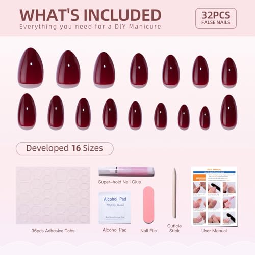 Wine Red Short Almond Press On Nails Glossy Fake Nails Kit