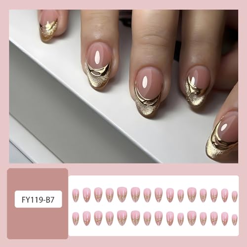 Gold French Press on Nails Short Almond False Nails with 3D Gilded Line Design