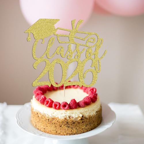 2026 Gold Graduation Cake Topper - Glitter Party Decoration