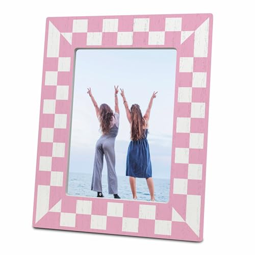 Pink Checkerboard Wooden Photo Frame for 4x6 Pictures - Aesthetic Tabletop Decor & Gift