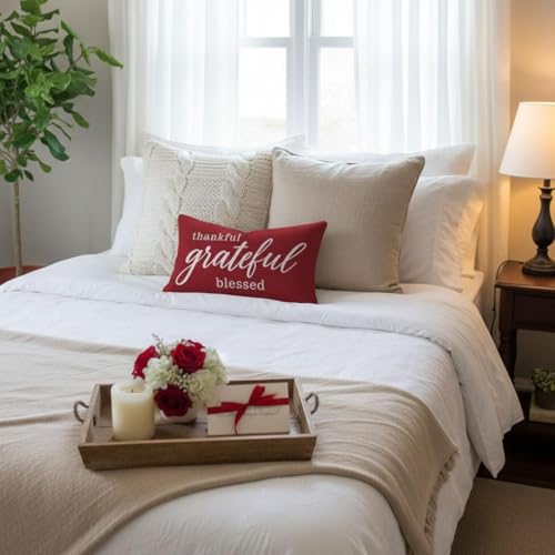 Farmhouse Thankful Thank You Blessed Throw Pillow Cover 12x20 Crimson Red - Double-Sided Polyester