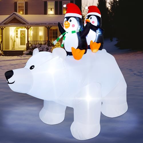 6.5 Foot Tall Christmas Inflatable Penguins on Polar Bear with LED Lights Outdoor Indoor Holiday Decoration - Penguins on Polar Bear Variant