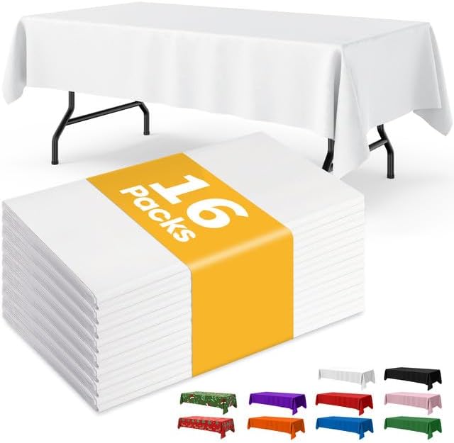 Niuara White Plastic Tablecloth - 16 Pack 54" x 108" Waterproof Disposable Covers for 6FT Tables | Perfect for Parties & Gatherings