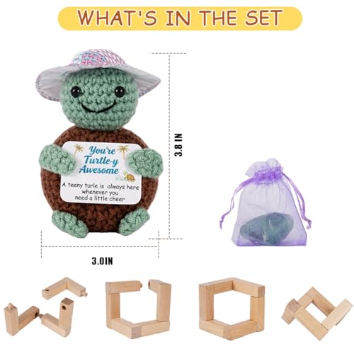 Positive Crochet Turtle with Encouraging Card and Healing Crystals