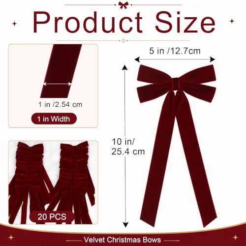 20 Pack Burgundy Velvet Christmas Bows with Long Tails - Holiday Tree Decorations