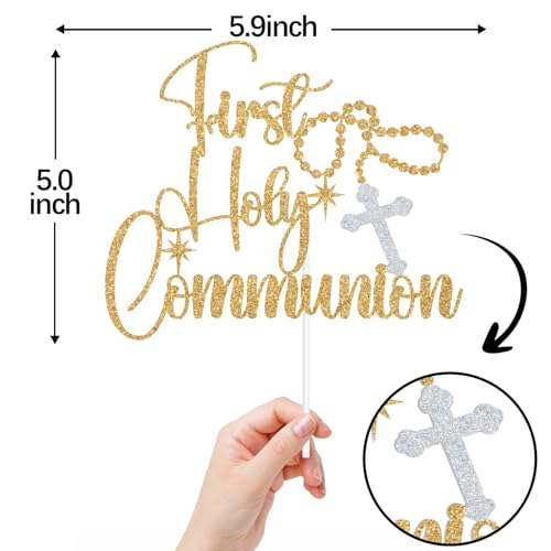 Gold Glitter First Holy Communion Cake Topper - Rosary Cross Design