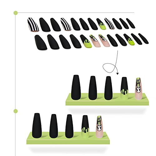 BYETOCE Long Coffin Press On Nails Halloween Black White Stripe Cute Ghost