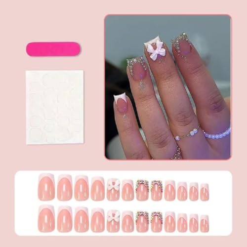 Square Press on Nails Short French Tip with 3D Bow Acrylic Nails