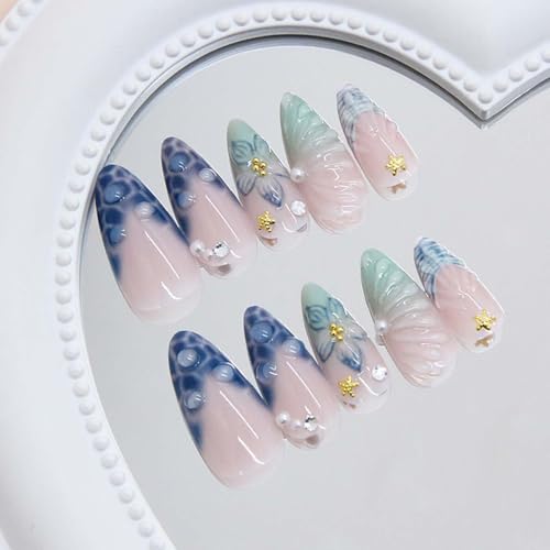 Medium Almond Press on Nails Blue Flower False Nails with Pearl Starfish Rhinestones Reusable Acrylic Nails