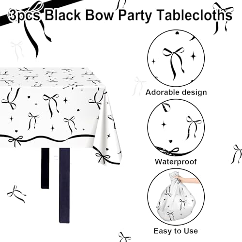 Avezano 3-Piece Black Bow Tablecloth Set, 108x54 Inch - Elegant Party Decor