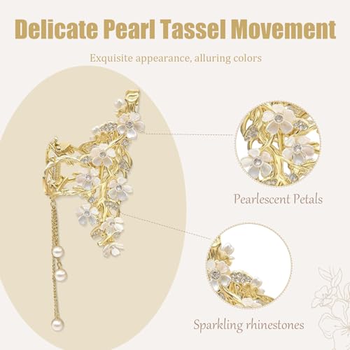 Gold Flower Hair Claw Clip with Pearl Tassel and Rhinestones for Thick Hair