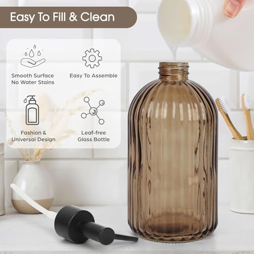 Stripe Amber Glass Soap Dispenser with Black Plastic Pump - 400ml