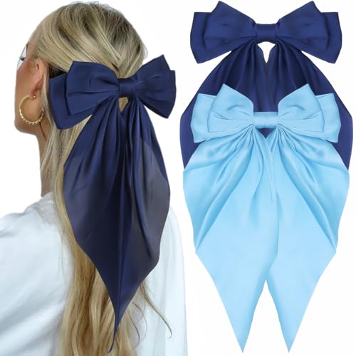 JOYRUBY 2PCS Silky Satin Blue Hair Bows with Long Tail French Barrettes