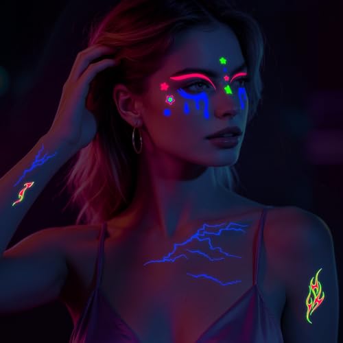 Konsait Glow in the Dark Face Temporary Tattoos 15 Sheets Neon Black Light
